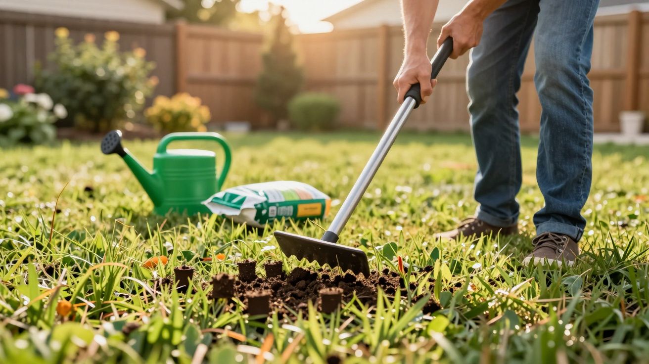 Pessoa a cavar a terra num jardim com uma enxada, regador e fertilizante ao fundo.