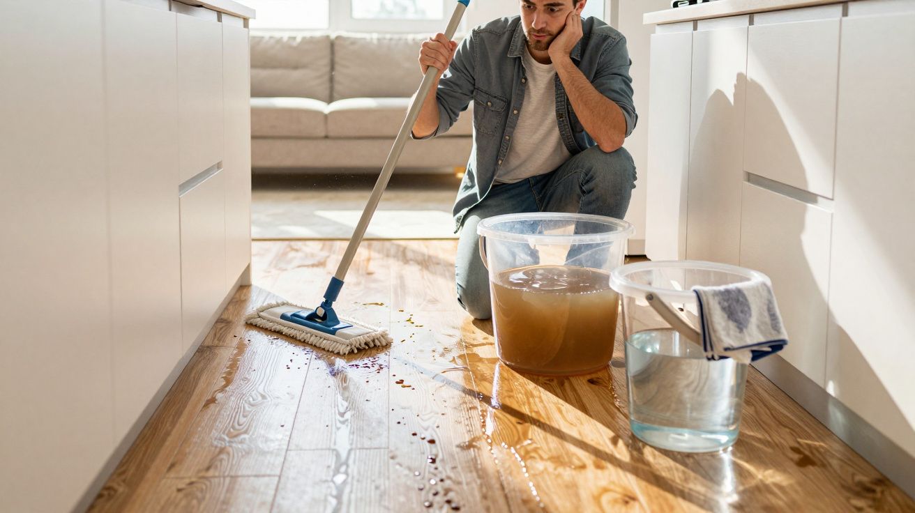 Homem a limpar chão de madeira molhado numa cozinha com esfregona e baldes.
