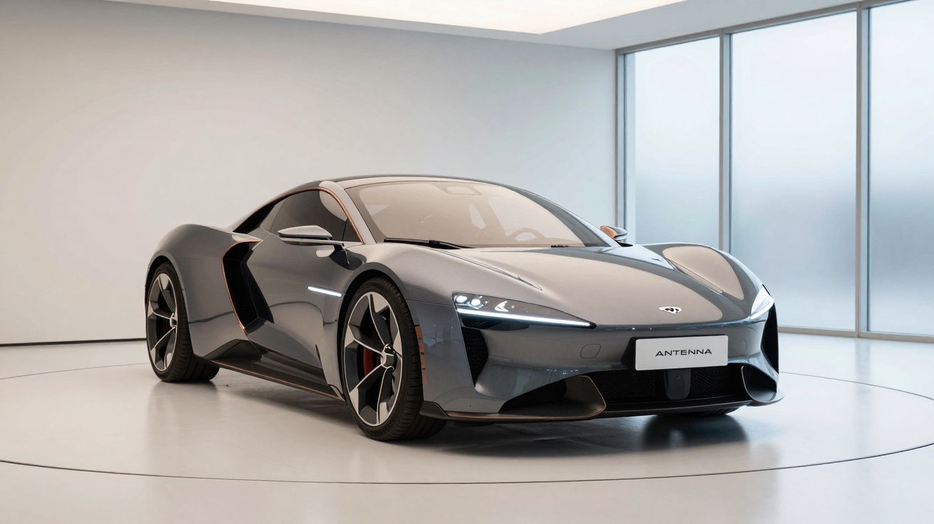 Carro desportivo cinza metálico com design futurista exibido numa sala branca minimalista.