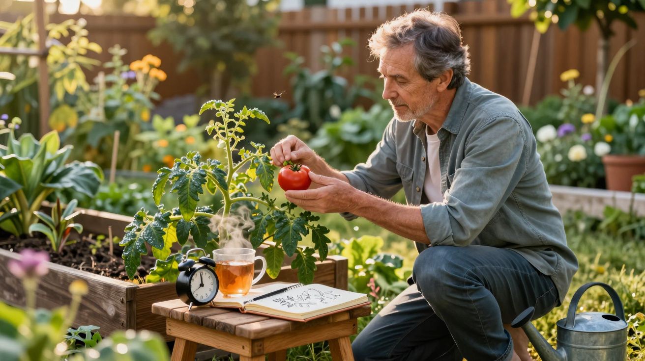 Homem a colher tomate maduro numa horta em canteiro elevado, com chá e caderno ao lado.