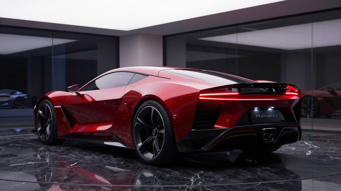 Carro desportivo vermelho brilhante estacionado num pavimento de mármore escuro em garagem moderna.