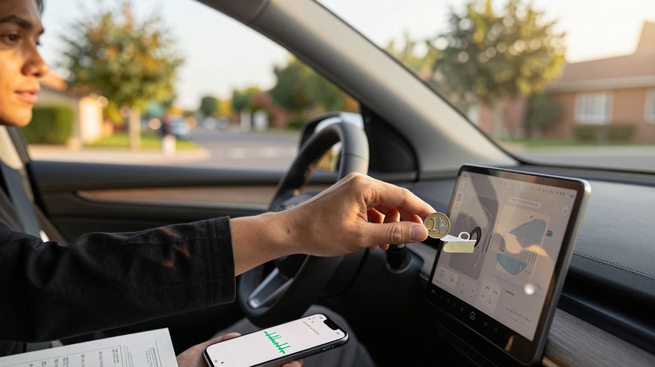 Pessoa insere moeda num ecrã digital no interior de um carro, com smartphone na outra mão.