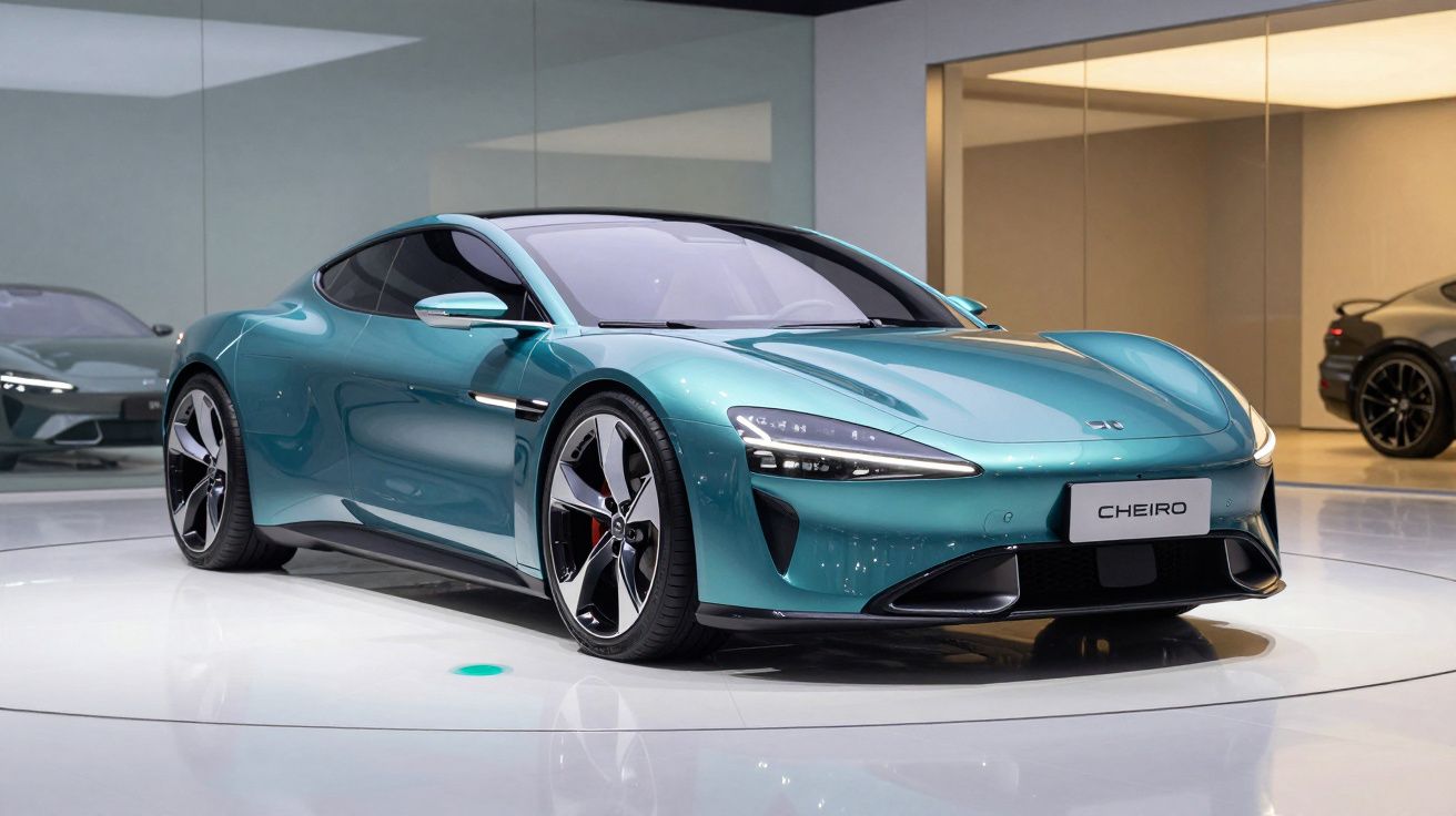 Carro desportivo elétrico verde metálico apresentado em sala de exposição moderna e iluminada