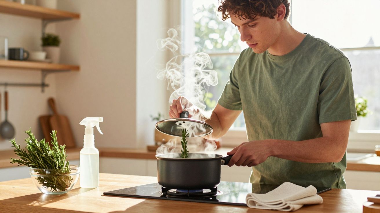 Homem abre tampa de panela a fumegar na cozinha, com ramo de alecrim no interior.