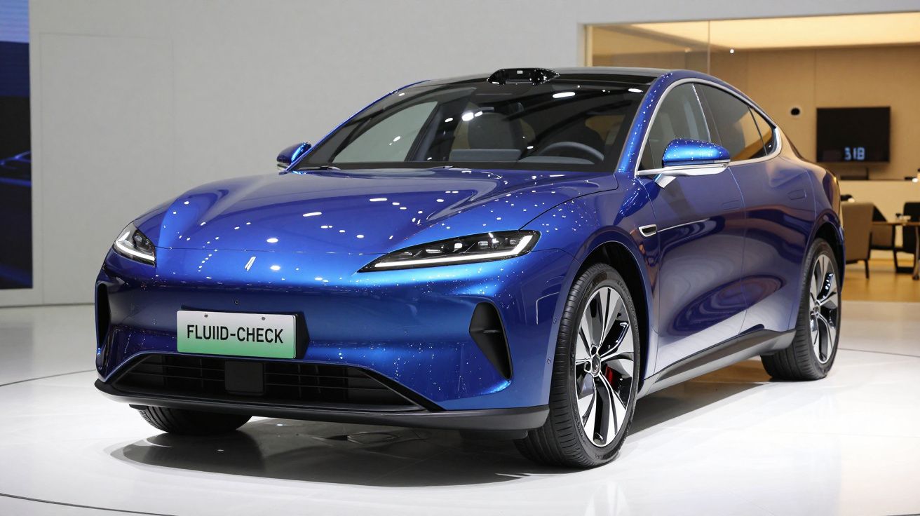 Carro elétrico azul metálico exposto em sala com iluminação interior moderna.