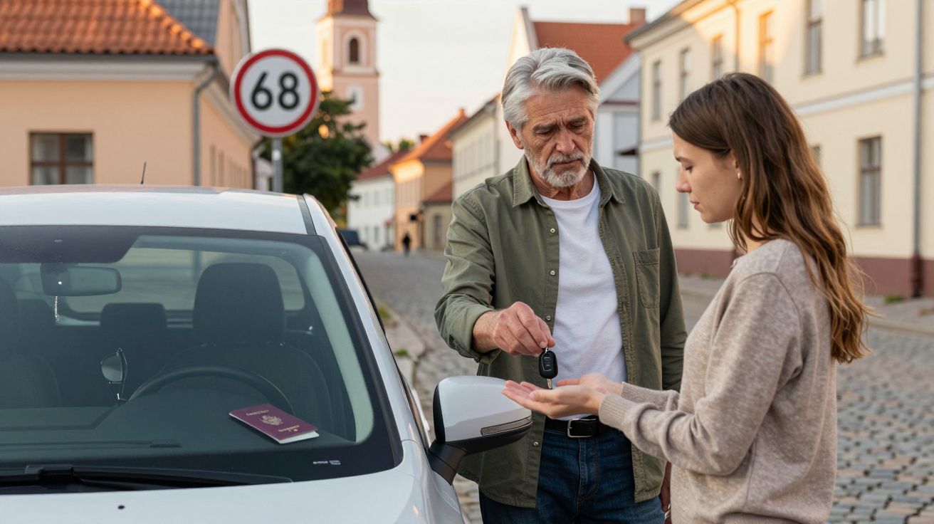 Homem entrega chave de carro a mulher ao lado de veículo branco estacionado numa rua de calçada.