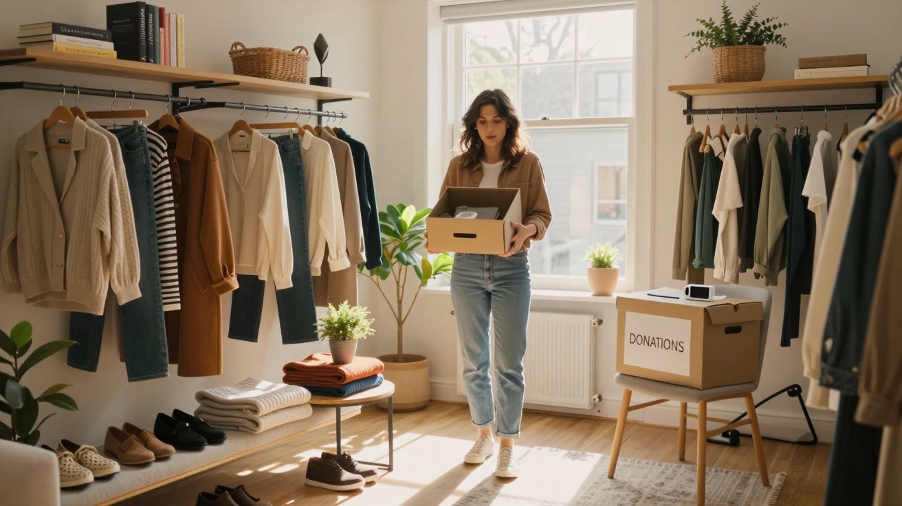 Mulher a organizar roupa para doação num quarto luminoso com armários e plantas.