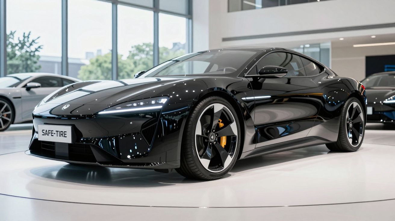 Carro desportivo preto elétrico moderno numa sala de exposições com iluminação natural.