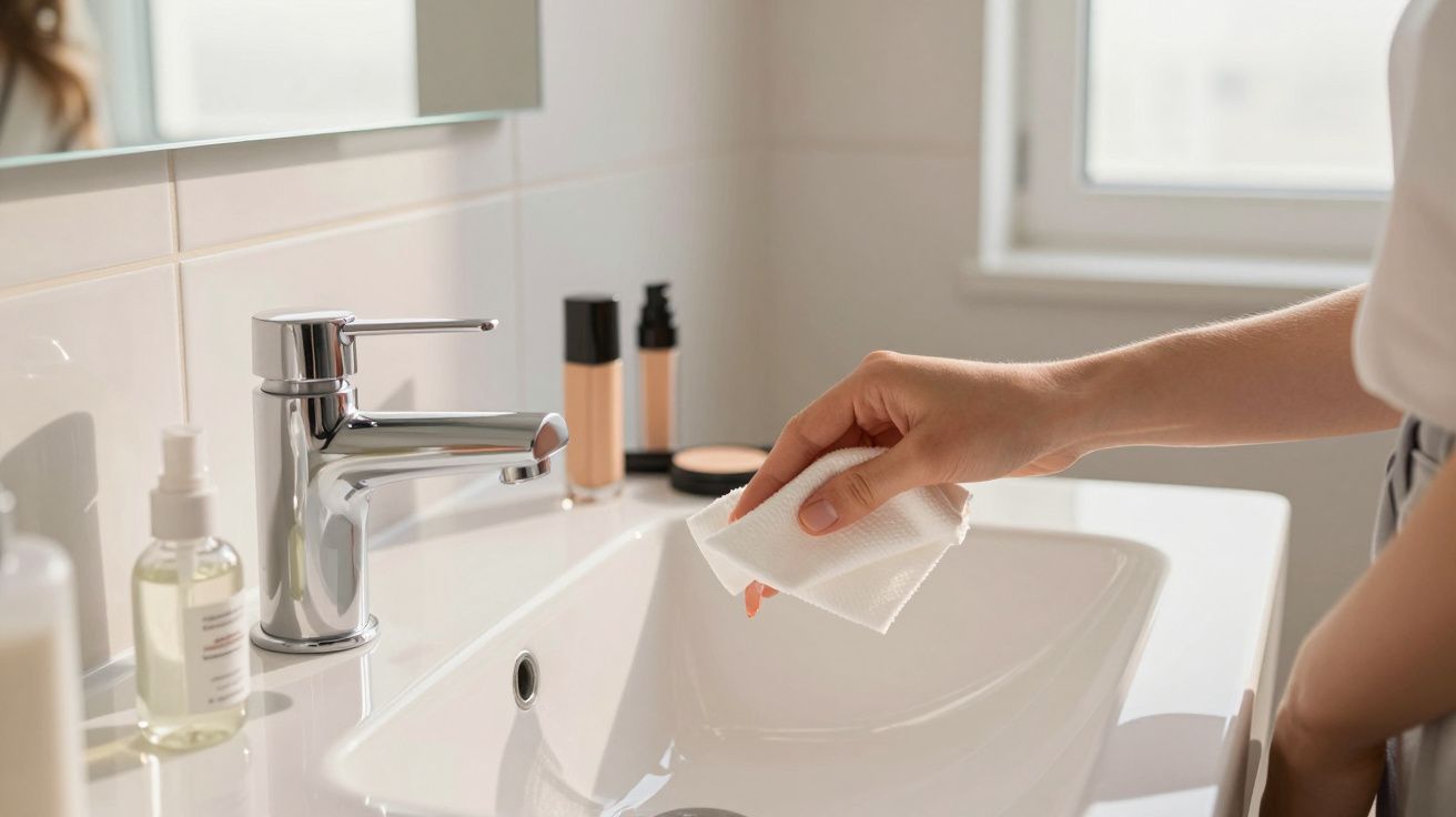 Pessoa a limpar a boca com papel enquanto está junto a uma pia branca e torneira cromada na casa de banho.