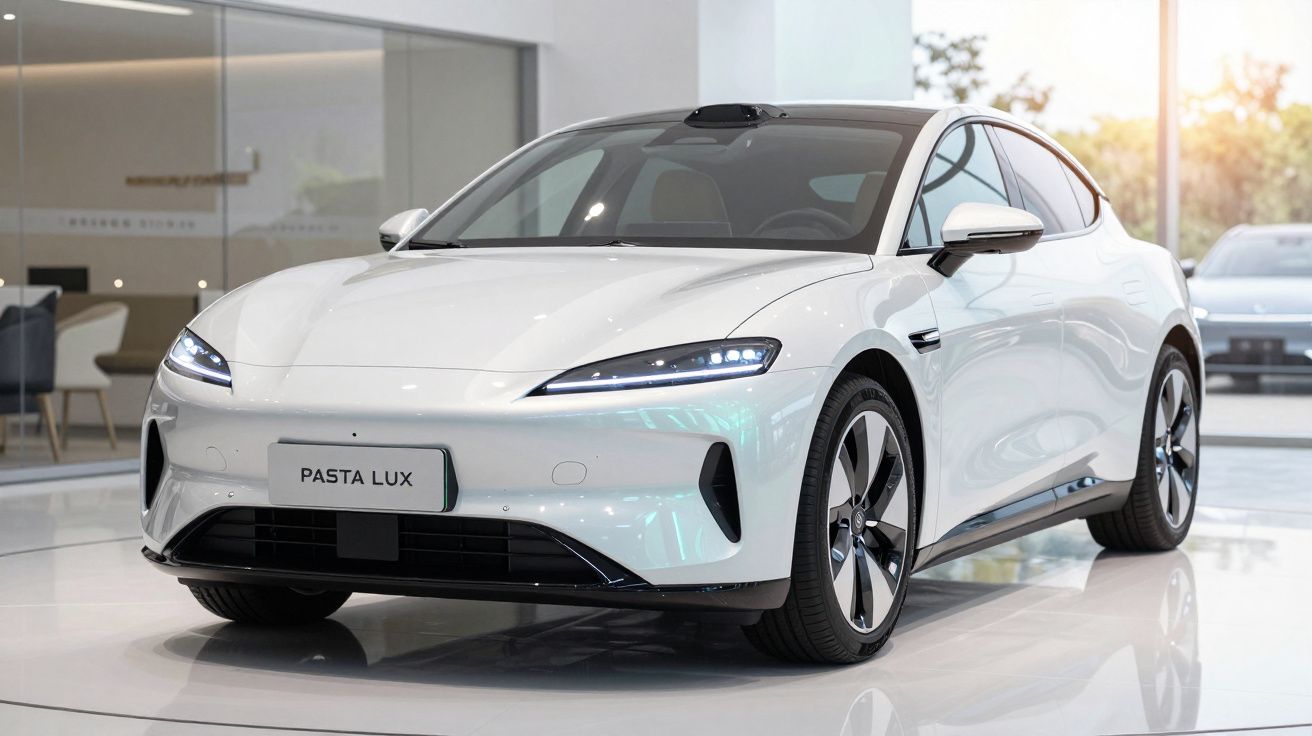 Carro elétrico branco Pasta Lux estacionado em showroom moderno com iluminação natural.