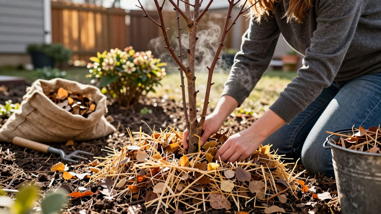Pessoa a cobrir base de árvore jovem com palha e folhas secas num jardim ensolarado.