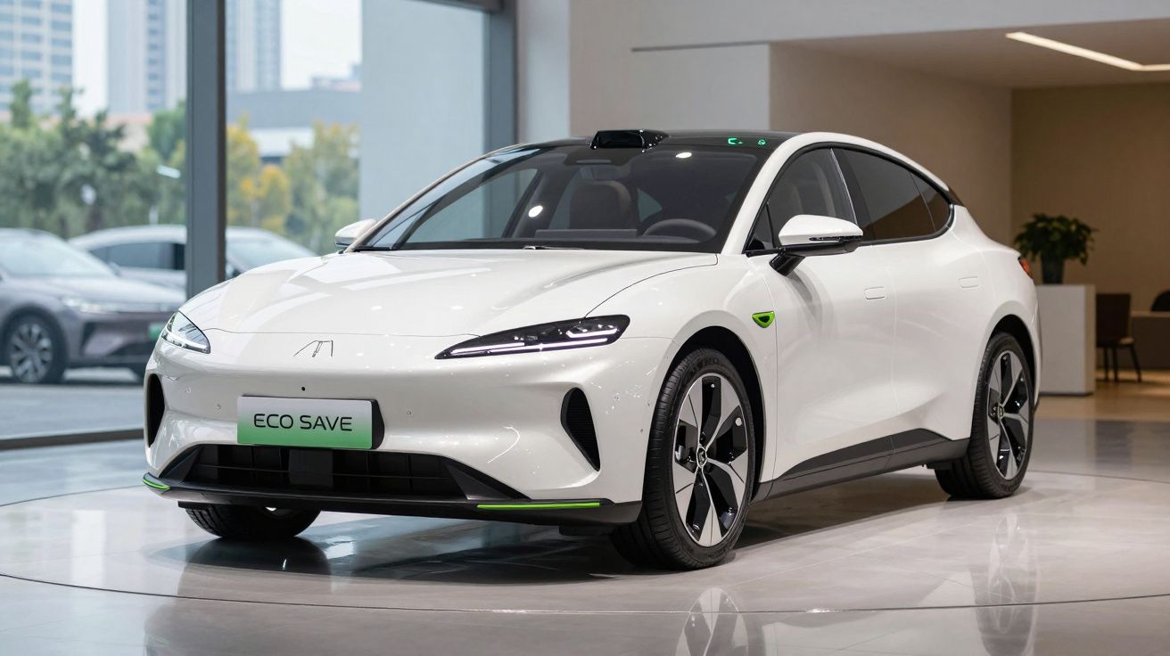 Carro elétrico branco com design moderno e placa verde com texto "ECO SAVE" num showroom.