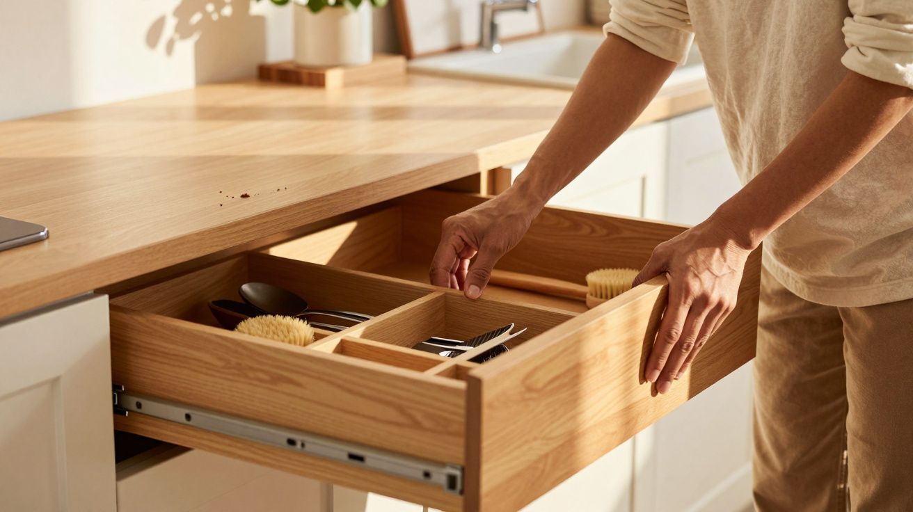 Mãos a abrir uma gaveta de madeira organizada com talheres e utensílios de cozinha.
