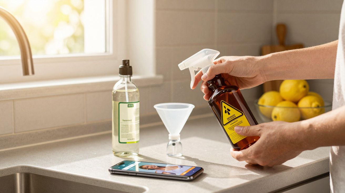 Mãos seguram frasco de produto químico perto de funil, garrafa e telemóvel sobre bancada de cozinha com fruta.