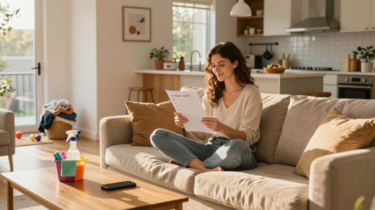 Mulher sentada no sofá a ler uma lista, numa sala de estar luminosa e arrumada.