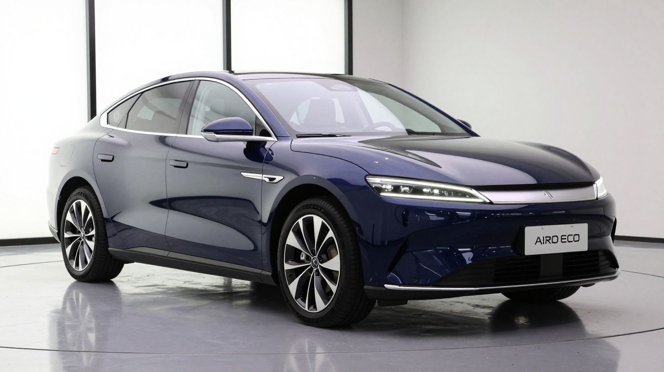 Carro eléctrico sedan azul escuro Airo Eco em estúdio com luz branca e fundo neutro.