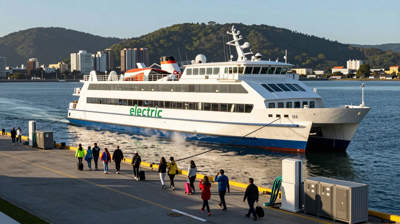 Ferry eléctrico atracado com pessoas na doca e colinas ao fundo sob céu limpo.