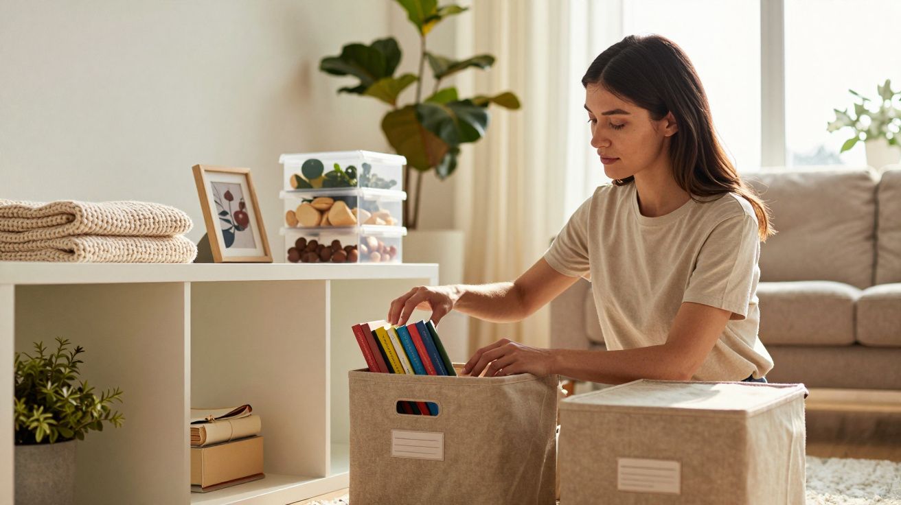 Mulher a organizar livros coloridos em caixote tecido numa sala luminosa e arrumada.