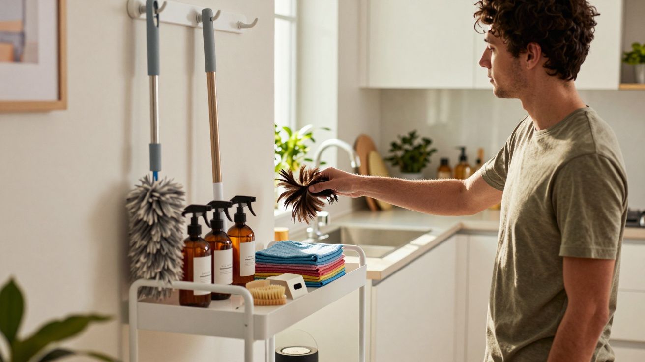 Homem a organizar produtos e utensílios de limpeza numa cozinha luminosa e moderna.