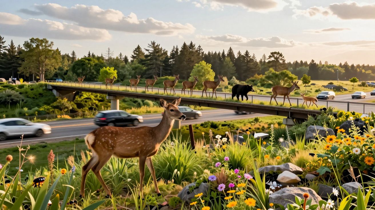 Veado junto a flores e animais a atravessar passadiço sobre autoestrada com carros em movimento.