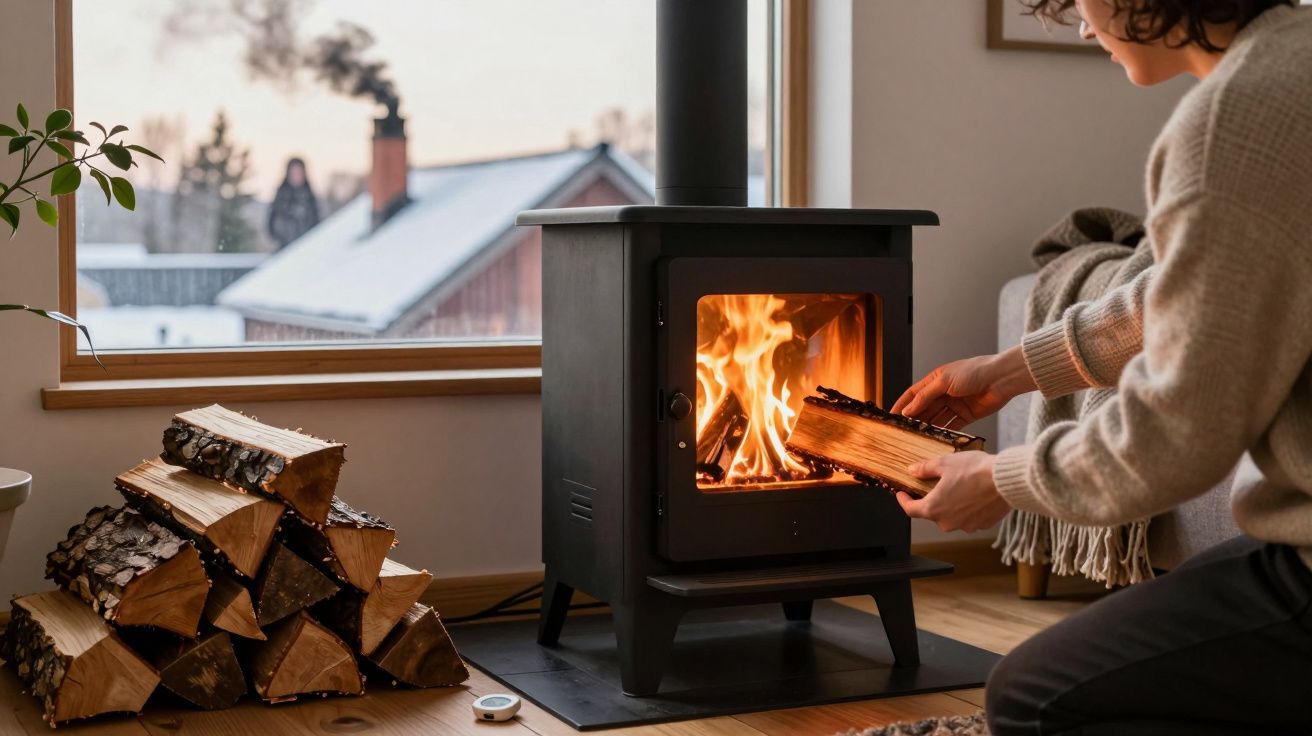 Pessoa a colocar lenha numa salamandra acesa numa sala com janela para casas de campo no inverno.