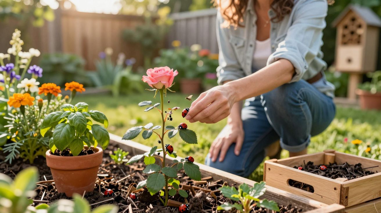 Pessoa a cuidar de joaninhas numa rosa num jardim com várias plantas em vasos e caixa de madeira.