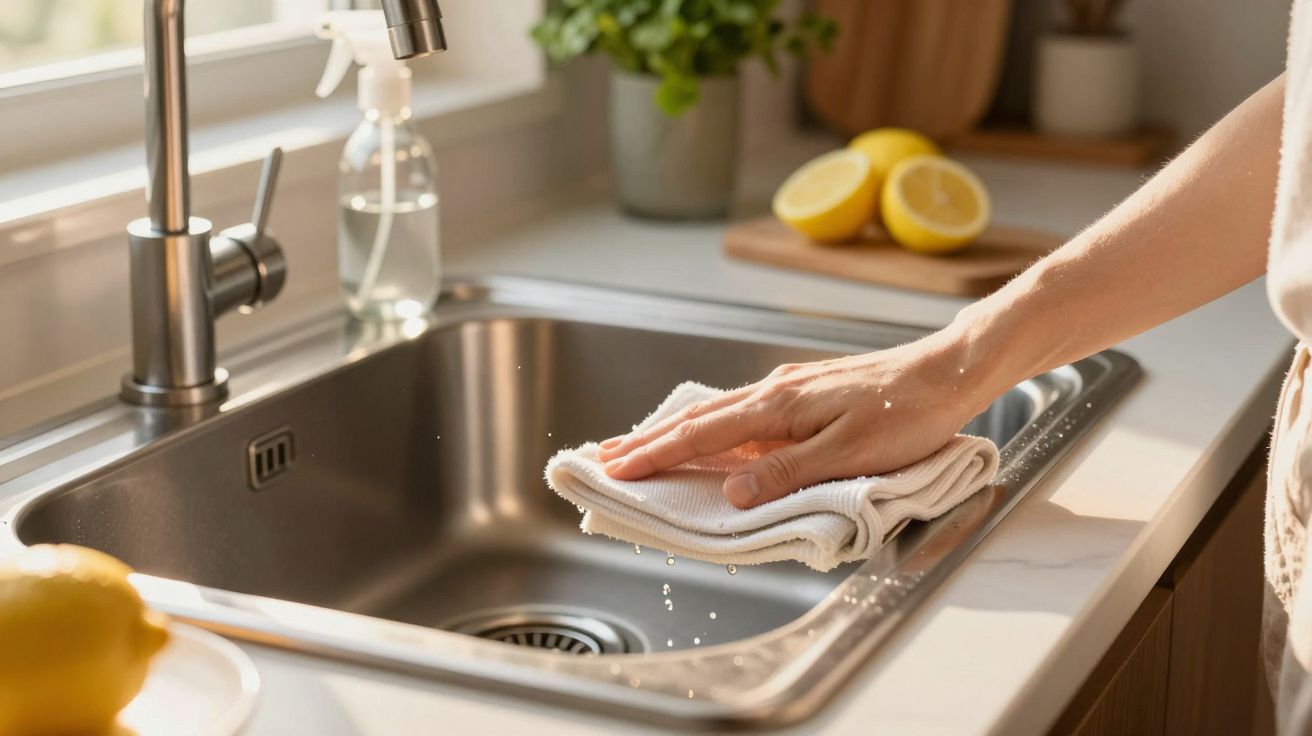Pessoa a limpar uma pia de cozinha em aço inox com um pano branco, limões cortados ao fundo.