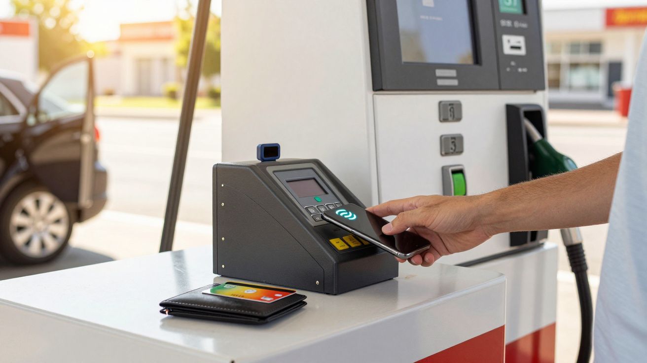 Pessoa a pagar gasolina com smartphone numa bomba de combustível usando tecnologia contactless.