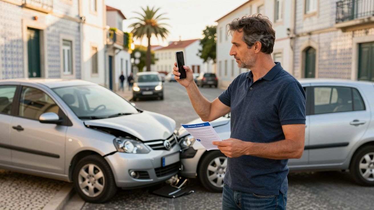 Homem a tirar foto do acidente entre dois carros com danos frontais numa rua urbana.