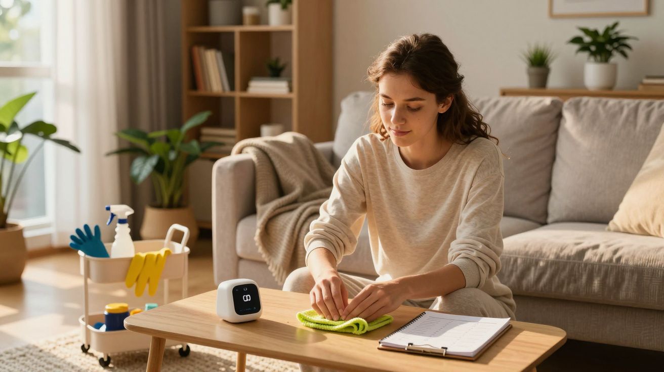 Mulher jovem a limpar uma mesa com um pano verde numa sala de estar com sofá e plantas.
