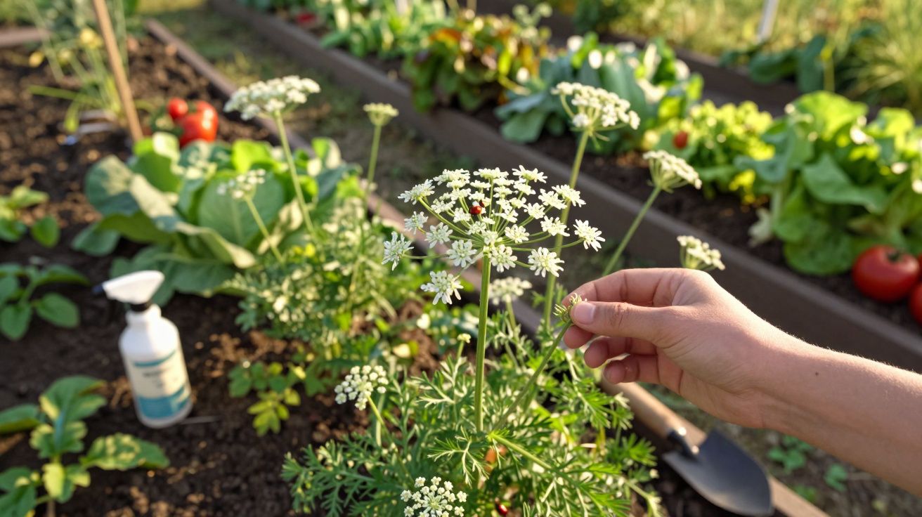 Mão a colher ou examinar flores brancas em planta num jardim com tomateiros e alfaces ao fundo.