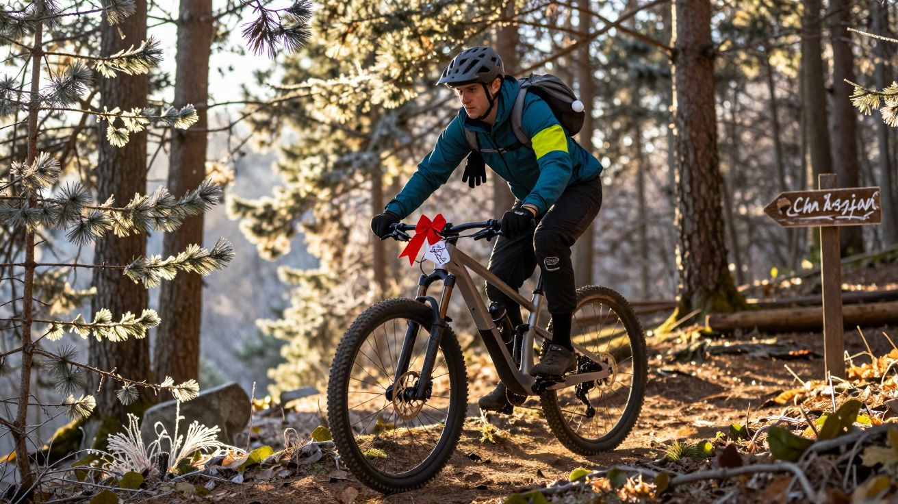 Homem de capacete e mochila pedala bicicleta de montanha com laço vermelho em trilho florestal ao pôr do sol.