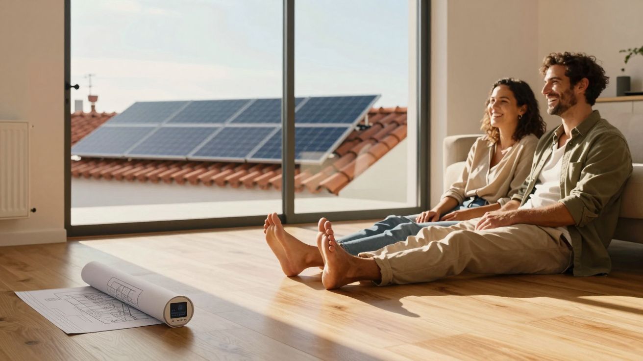 Casal sentado no chão de uma casa com painéis solares visíveis no telhado através da janela.