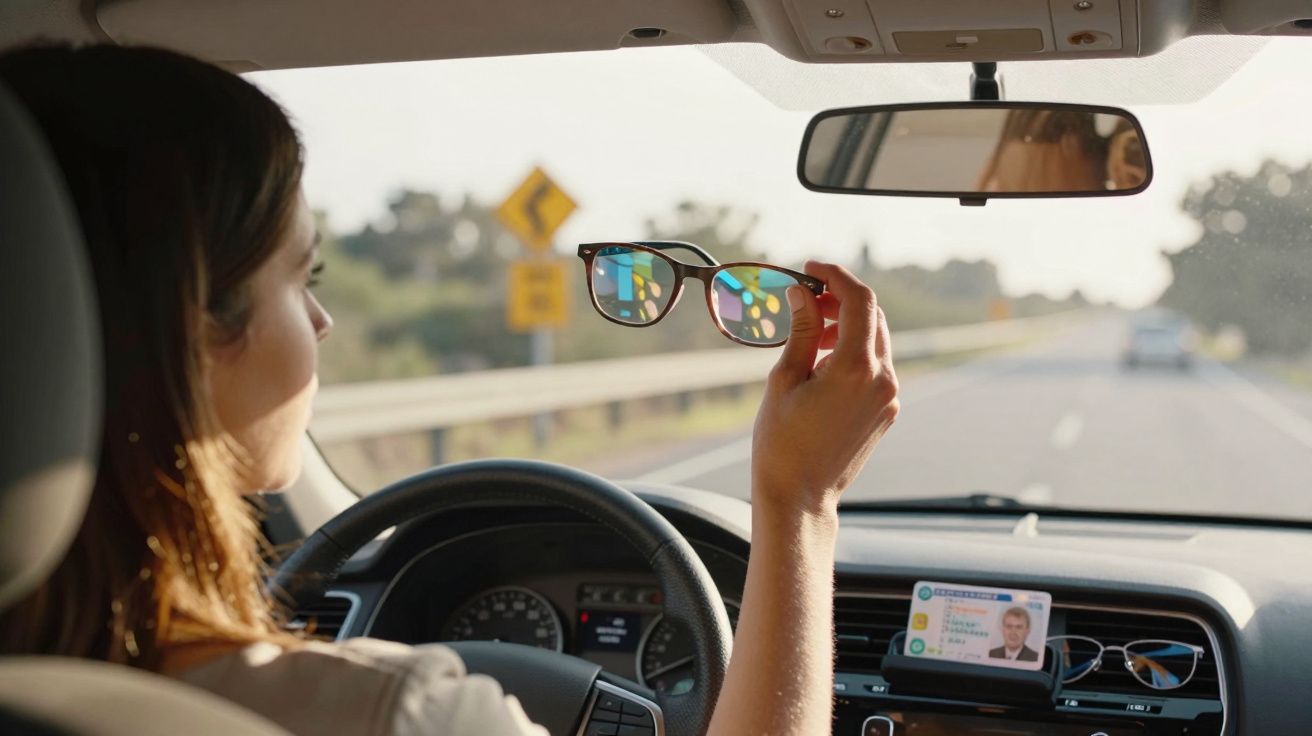 Mulher ao volante segura óculos enquanto conduz numa estrada durante o dia.