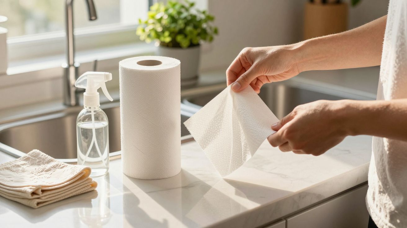 Mãos a puxar papel de cozinha junto a rolo de papel, frasco spray e toalhas na bancada da cozinha.