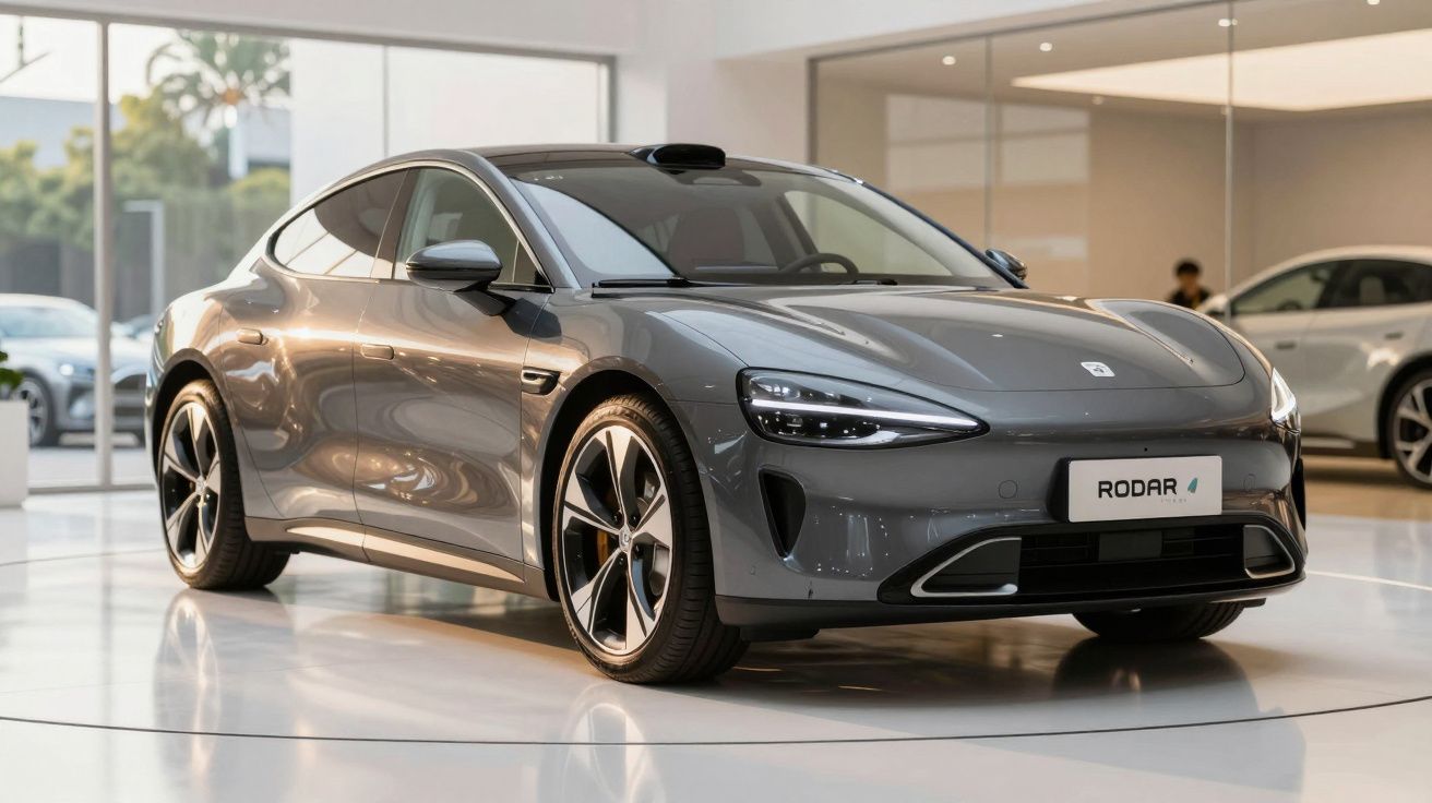 Carro eléctrico cinzento moderno em exposição numa sala com piso branco e paredes de vidro.