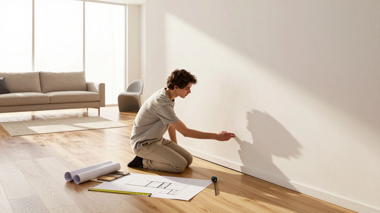 Homem ajoelhado no chão junto a plantas e fita métrica num ambiente claro e minimalista.