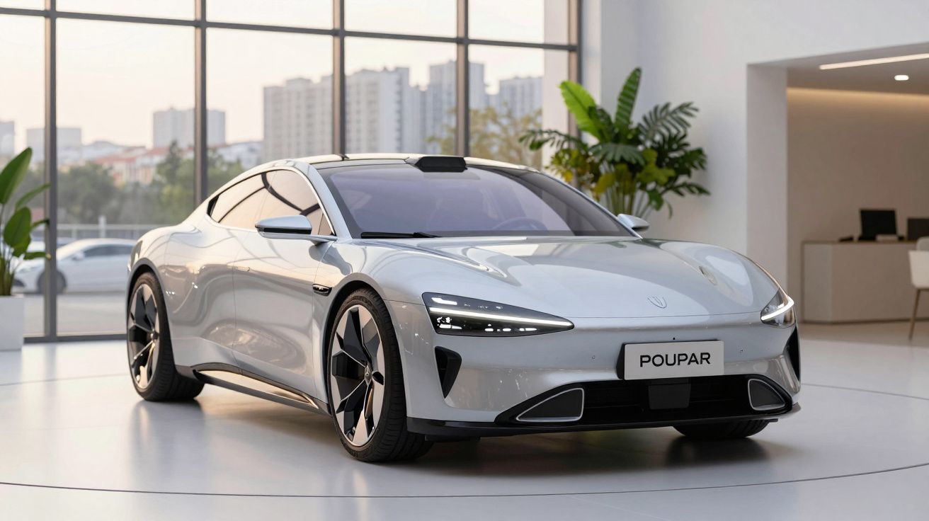 Carro elétrico desportivo prateado numa exposição moderna com janelas grandes e plantas decorativas.