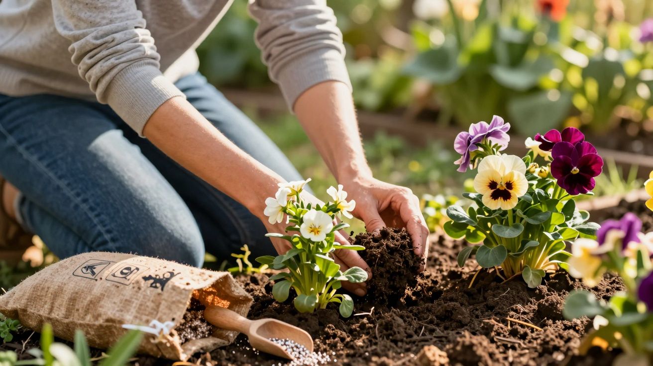 Pessoa a plantar flores coloridas num canteiro, com um saco de terra e uma pequena pá junto.