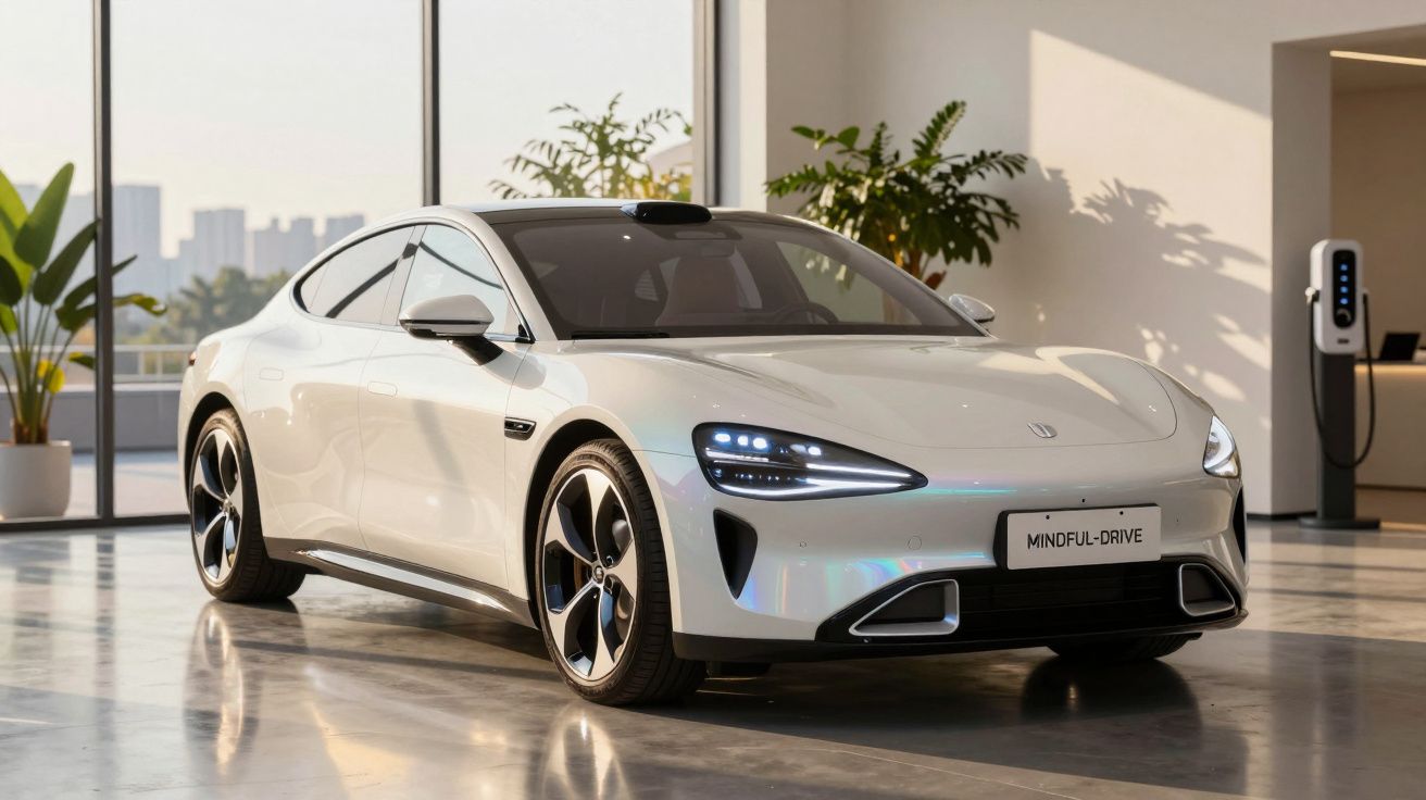 Carro elétrico branco com faróis LED ligado estacionado num espaço interior moderno.