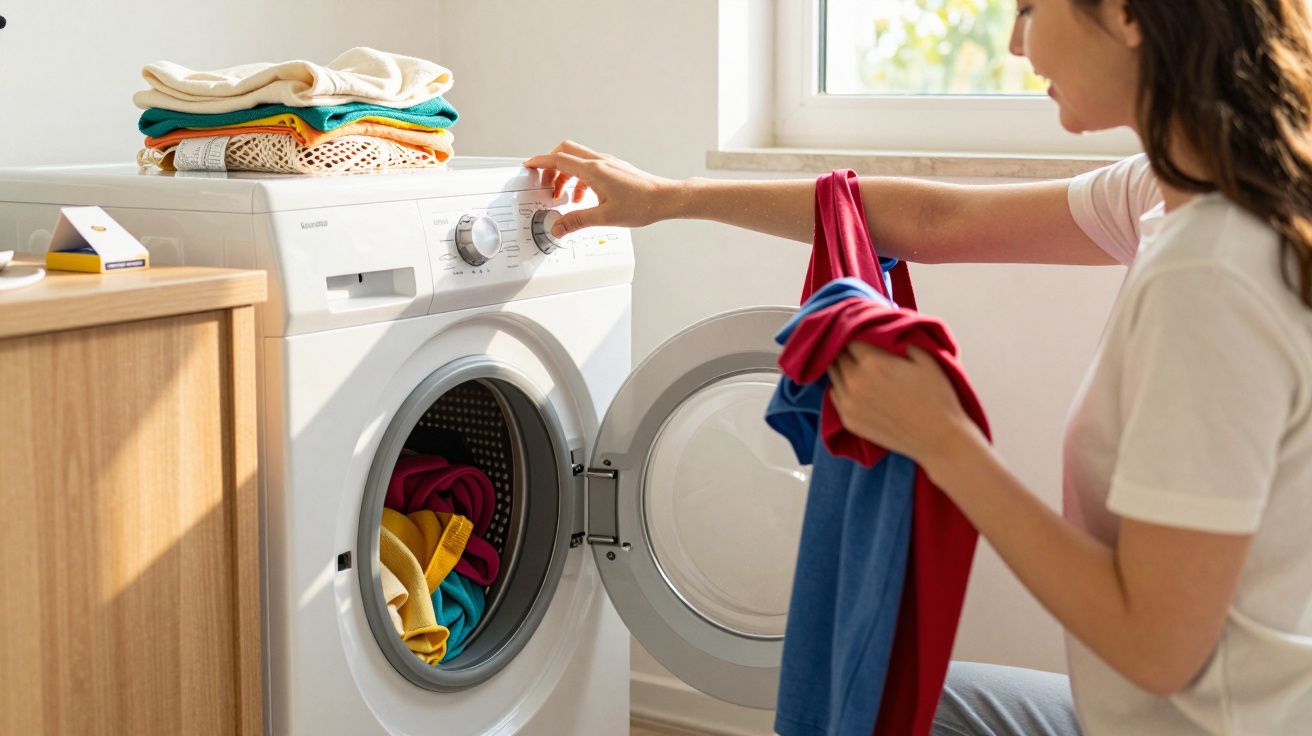 Mulher a colocar roupa colorida na máquina de lavar roupa numa divisão iluminada pelo sol.