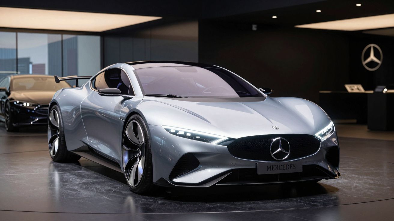 Automóvel desportivo prata Mercedes-Benz exposto em ambiente moderno e elegante com iluminação suave.