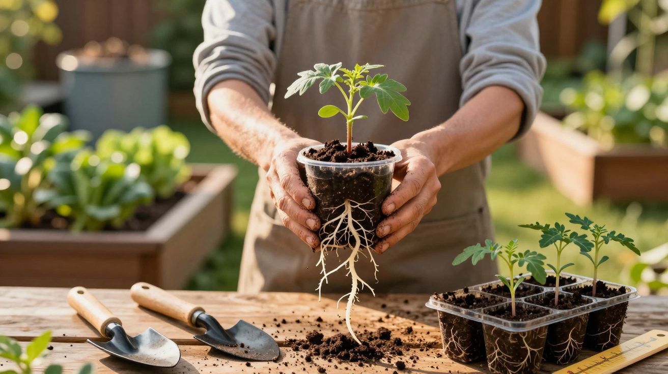 Pessoa a segurar planta jovem num vaso transparente com raízes visíveis, num ambiente de horta caseira.