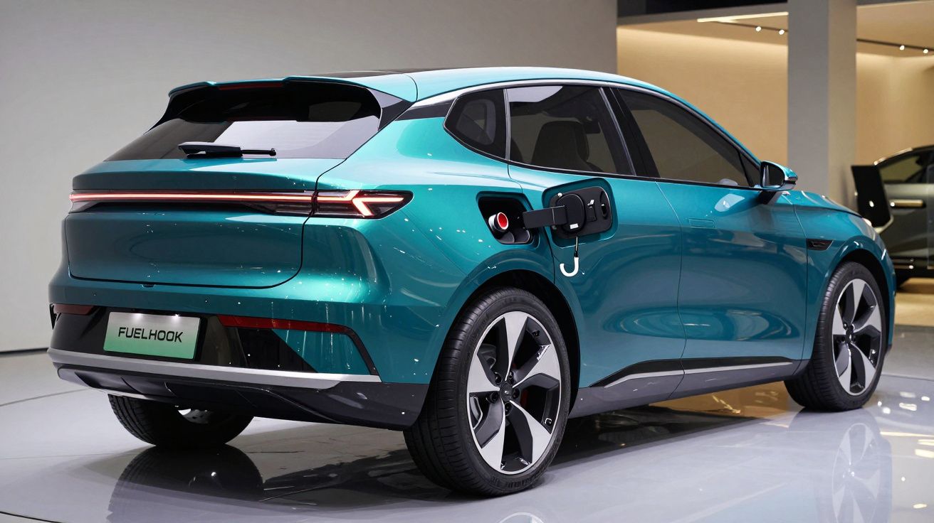 Carro elétrico azul-turquesa de cinco portas em exposição, com tampa de carregamento aberta.