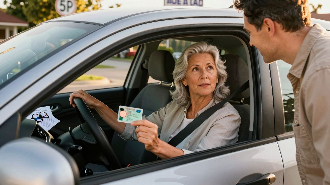 Mulher madura no carro mostra carta de condução a homem fora do veículo numa rua suburbana.