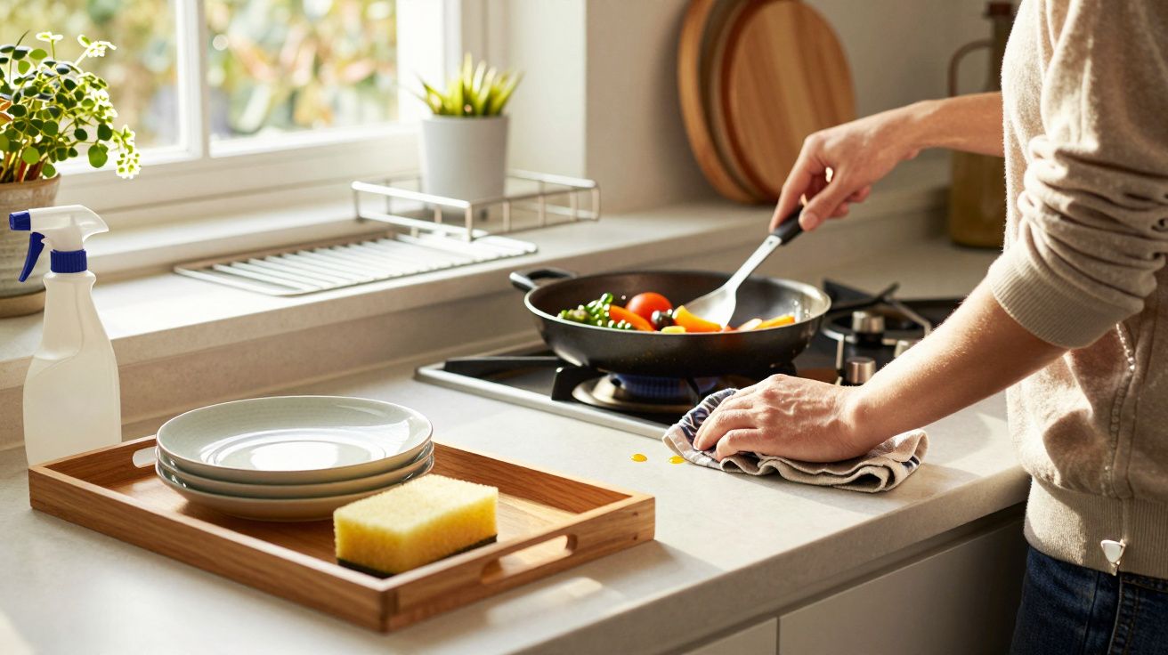 Pessoa a cozinhar legumes numa frigideira enquanto limpa o balcão da cozinha.