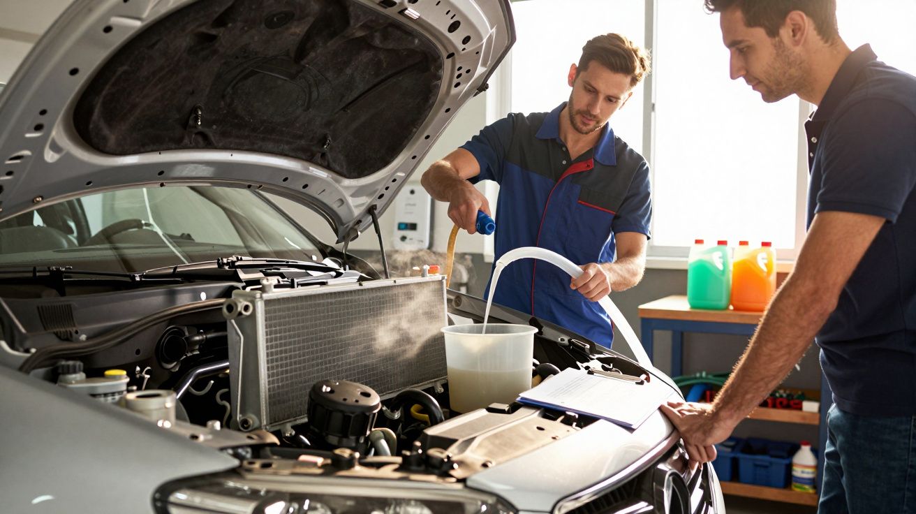 Dois homens junto a um carro com o capô aberto, um mede o líquido de radiador enquanto o outro observa.