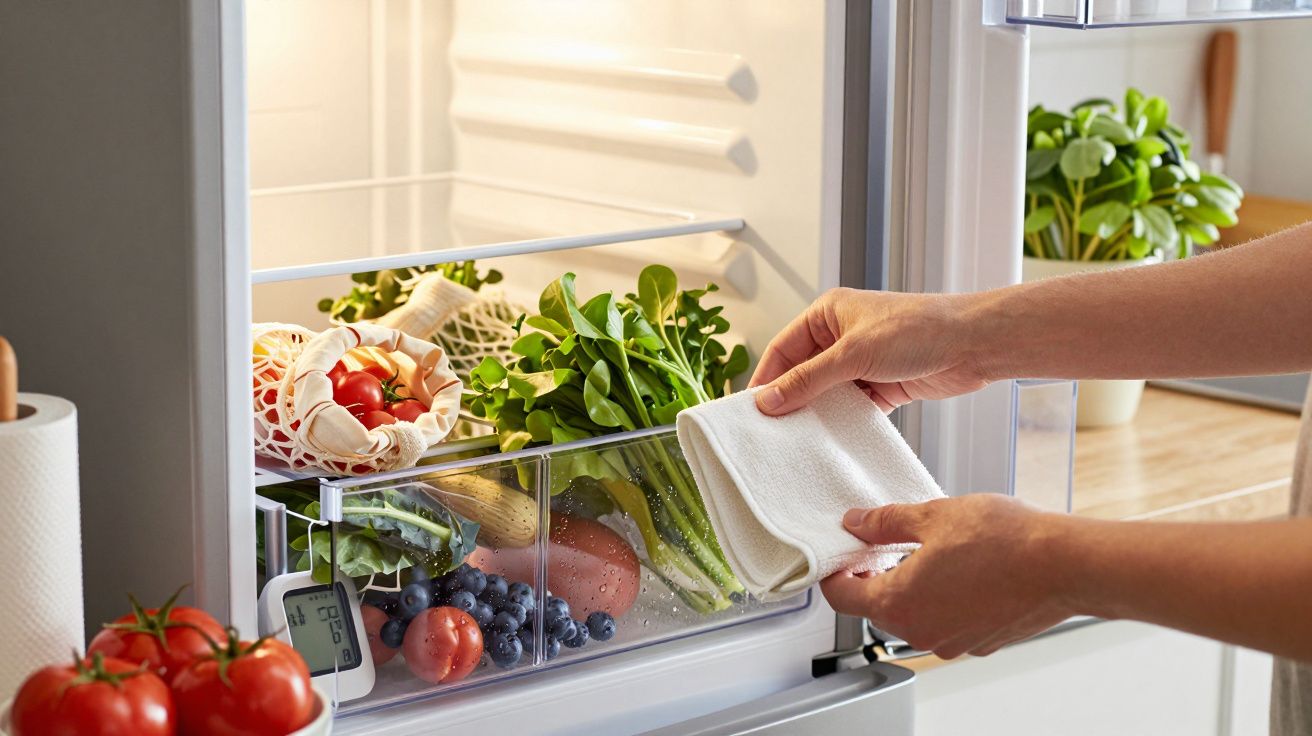 Mãos a limpar com pano a gaveta de legumes do frigorífico cheia de vegetais frescos e frutas.