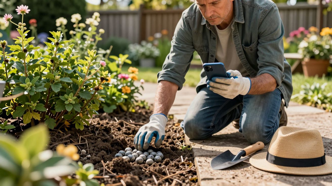 Homem a plantar bolinhas no jardim enquanto consulta o telemóvel, com ferramentas e chapéu ao lado.