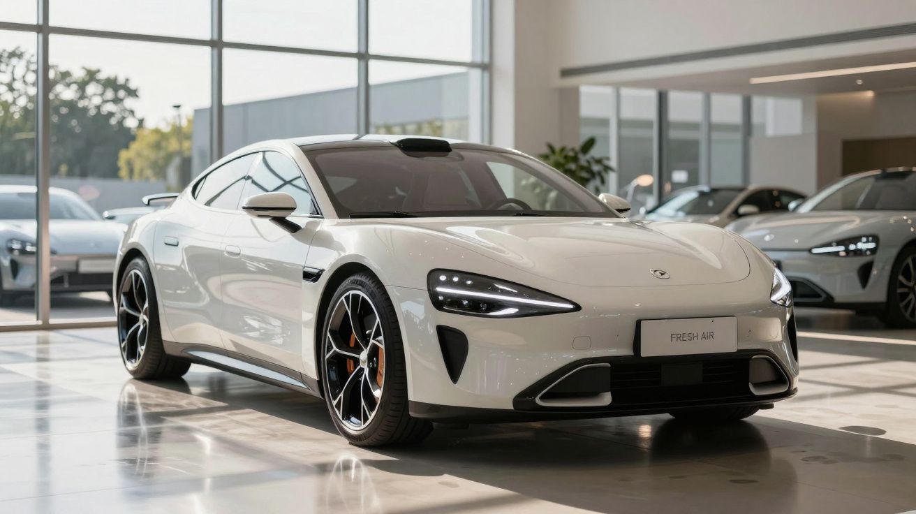 Carro desportivo elétrico branco estacionado numa sala de exposição moderna e iluminada.